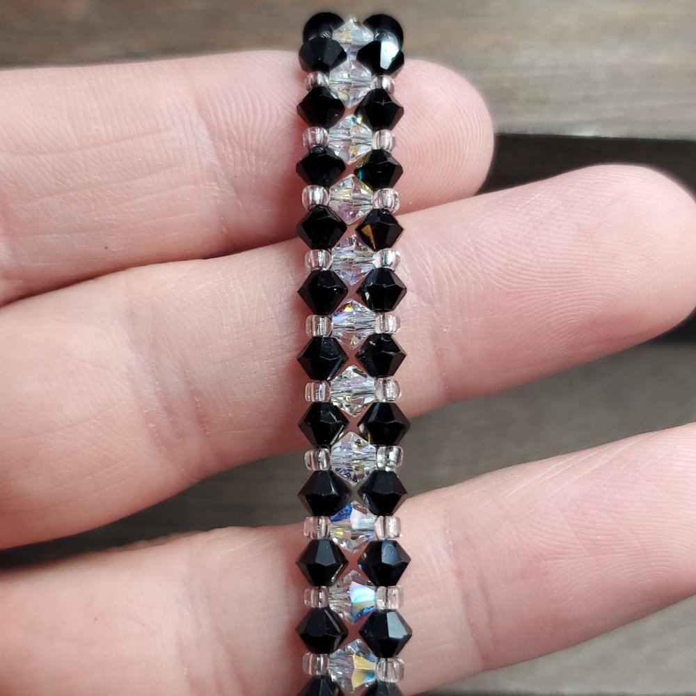 7 Inch Sterling Silver Clear And Black Braided Crystals Bracelet Vintage